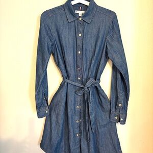 LONG-SLEEVE BELTED DENIM SHIRTDRESS